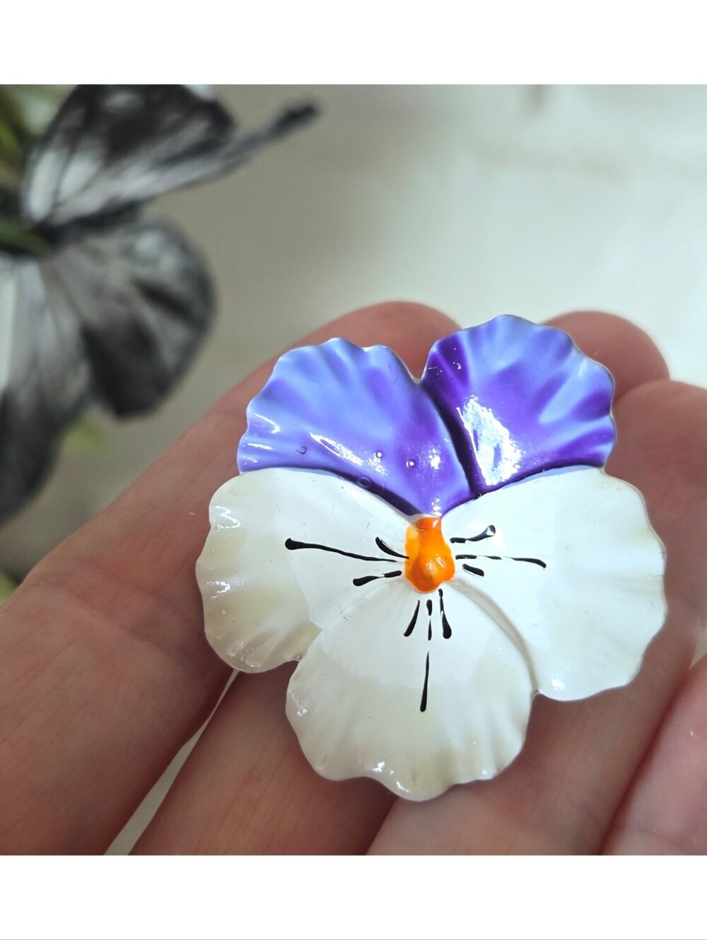 Vtg Painted Porcelain Pansy Brooch Necklace, Flower, Fairy, Romantic